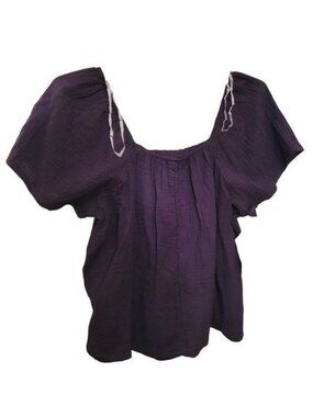 Black Top 100% Cotton Linen Gauze Sleep Lounge Shirt Square Neck Womens M LR137